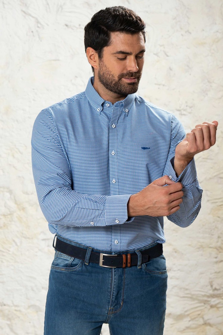 Camisa semientallada cuadro vichy sobre micro oxford