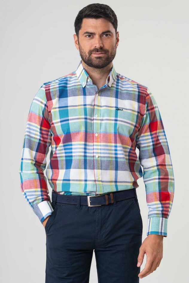 Camisa semientallada cuadro multicolor algodón