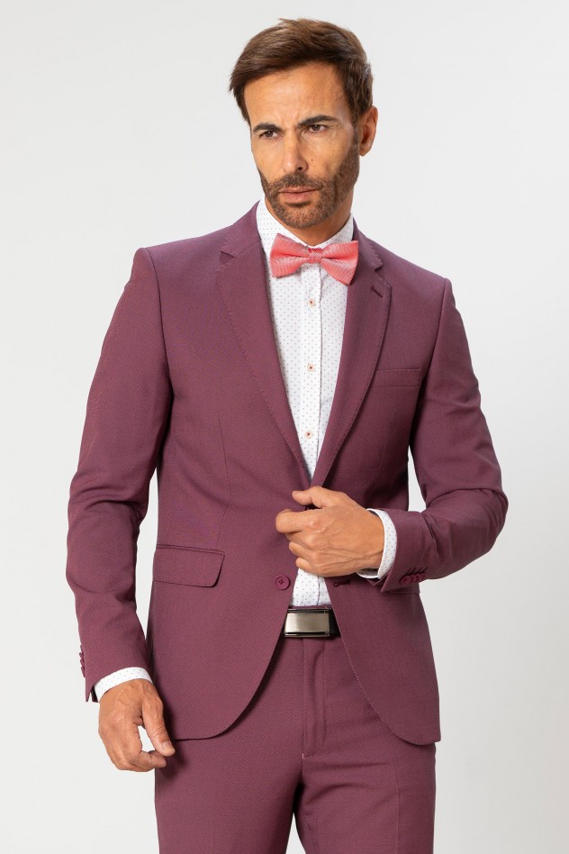 Traje elástico micropuntillé granate claro Slim Fit