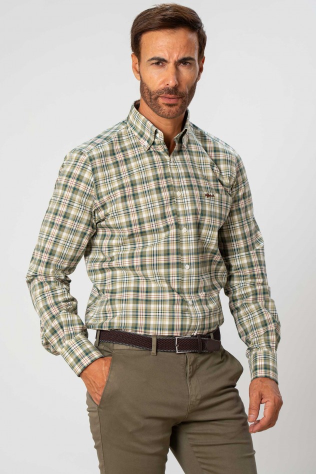 Camisa semientallada cuadrícula grande verde