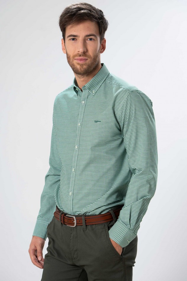 Camisa semientallada cuadro vichy sobre micro oxford