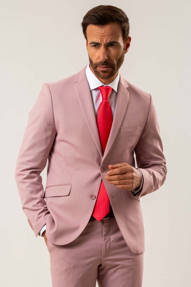 Traje elástico estructura minipuntillé rosa Slim Fit