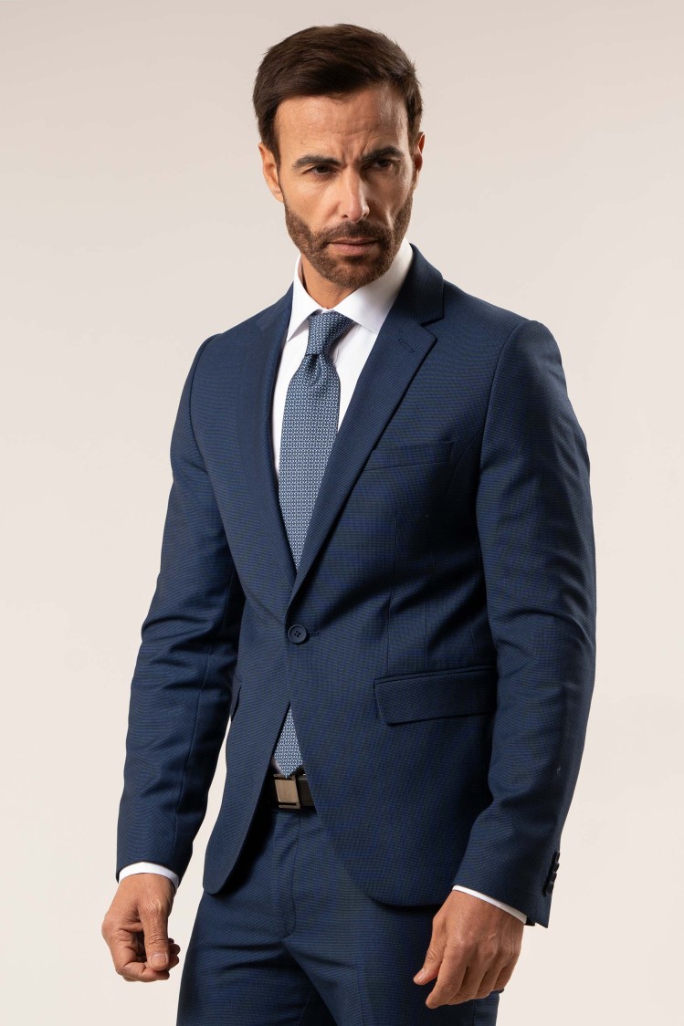 Traje elástico estructura cuadrillé azul marino Extra Slim