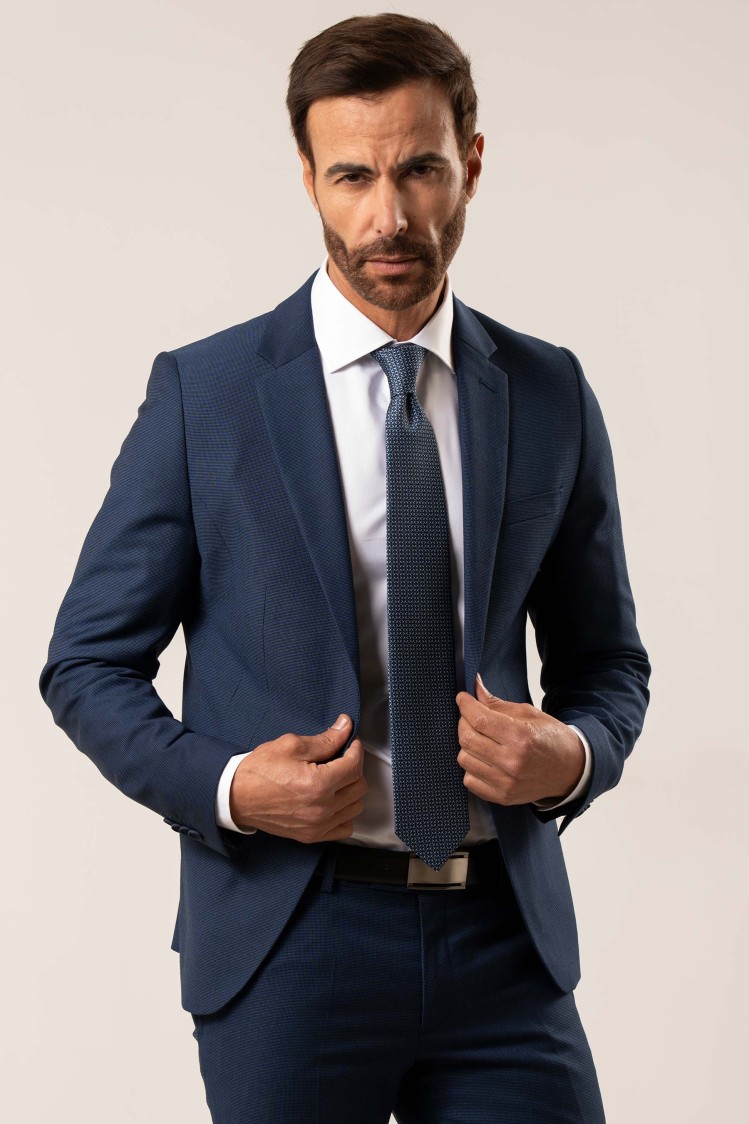 Traje elástico estructura cuadrillé azul marino Extra Slim