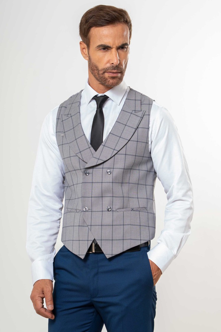 Chaleco cruzado con solapa cuadro ventana gris