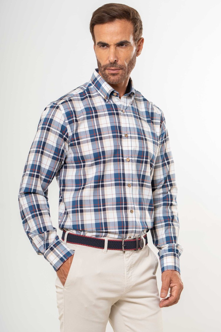 Camisa semientallada viella fina cuadrícula azul