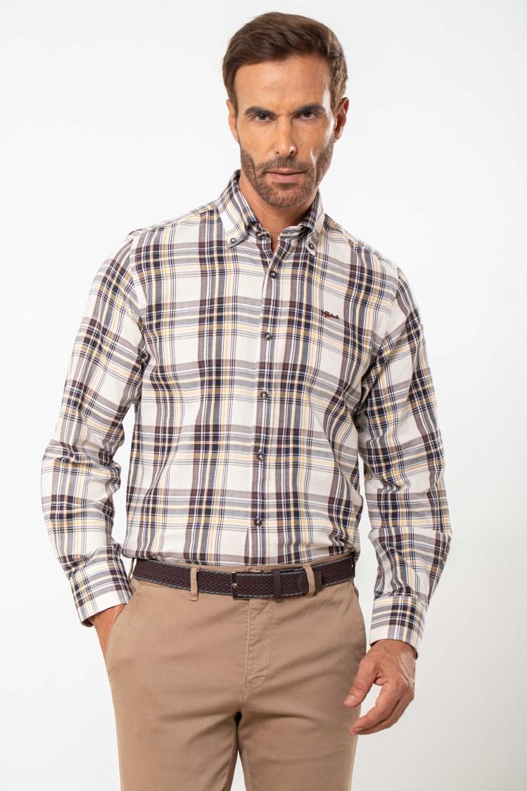 Camisa semientallada viella fina cuadrícula beige