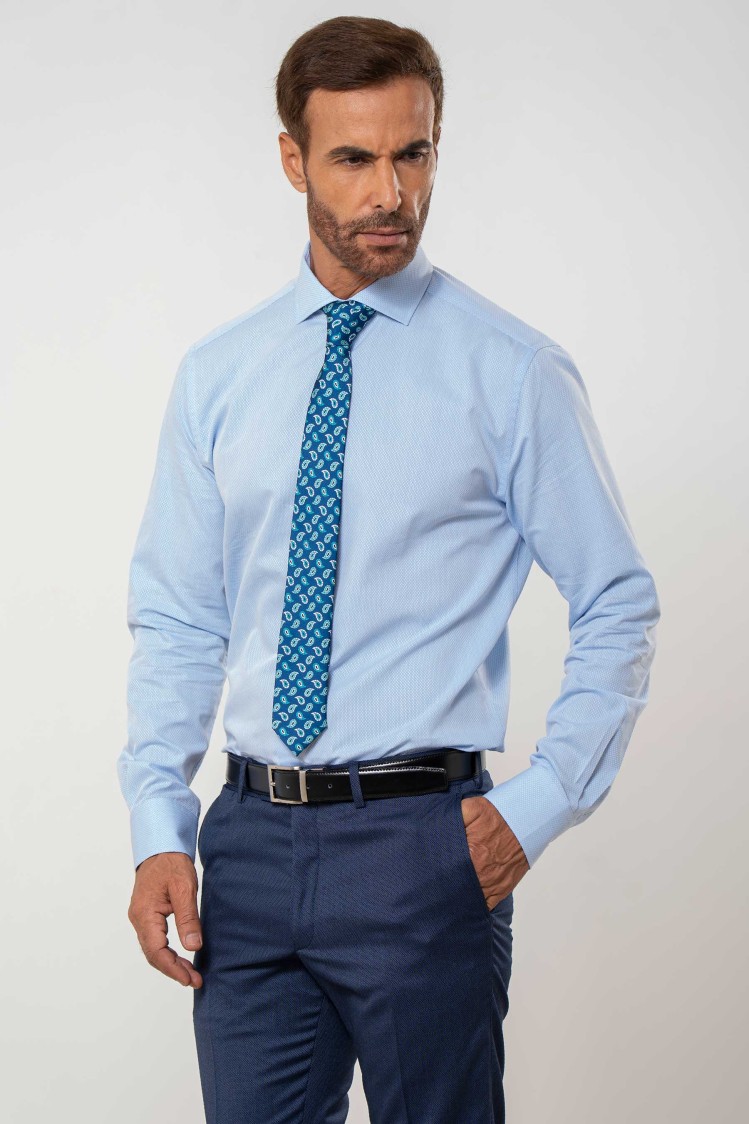 Camisa semientallada azul hilatura entrelazada