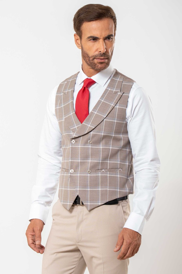 Chaleco cruzado con solapa cuadrícula beige