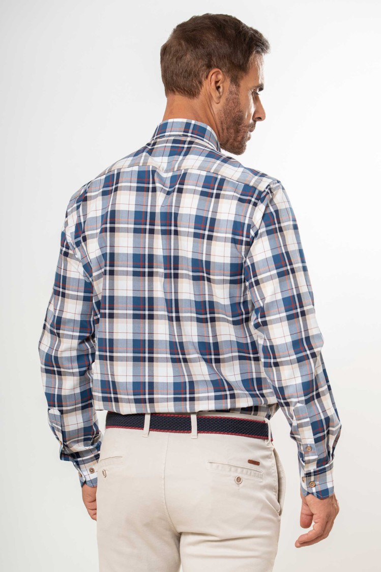 Camisa semientallada viella fina cuadrícula azul