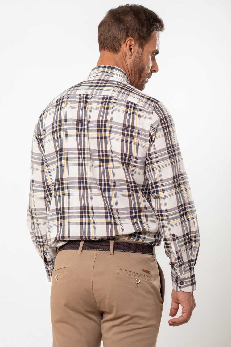 Camisa semientallada viella fina cuadrícula beige
