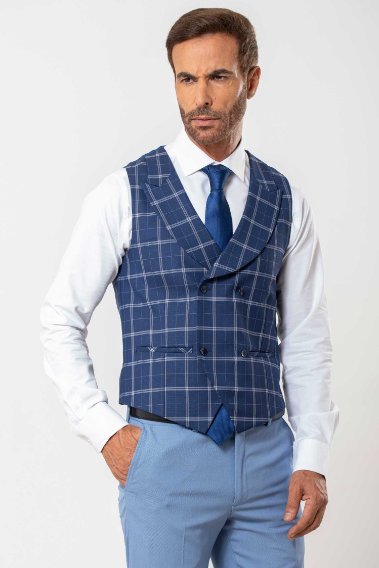Chaleco cruzado con solapa cuadro ventana azul