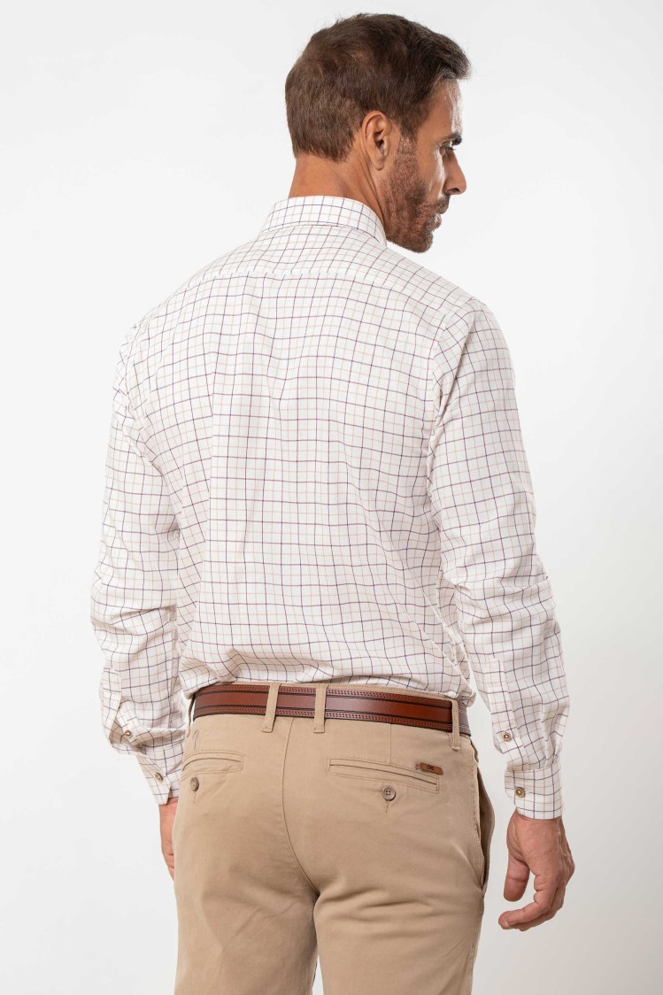 Camisa semientallada viella fina cuadro mediano beige