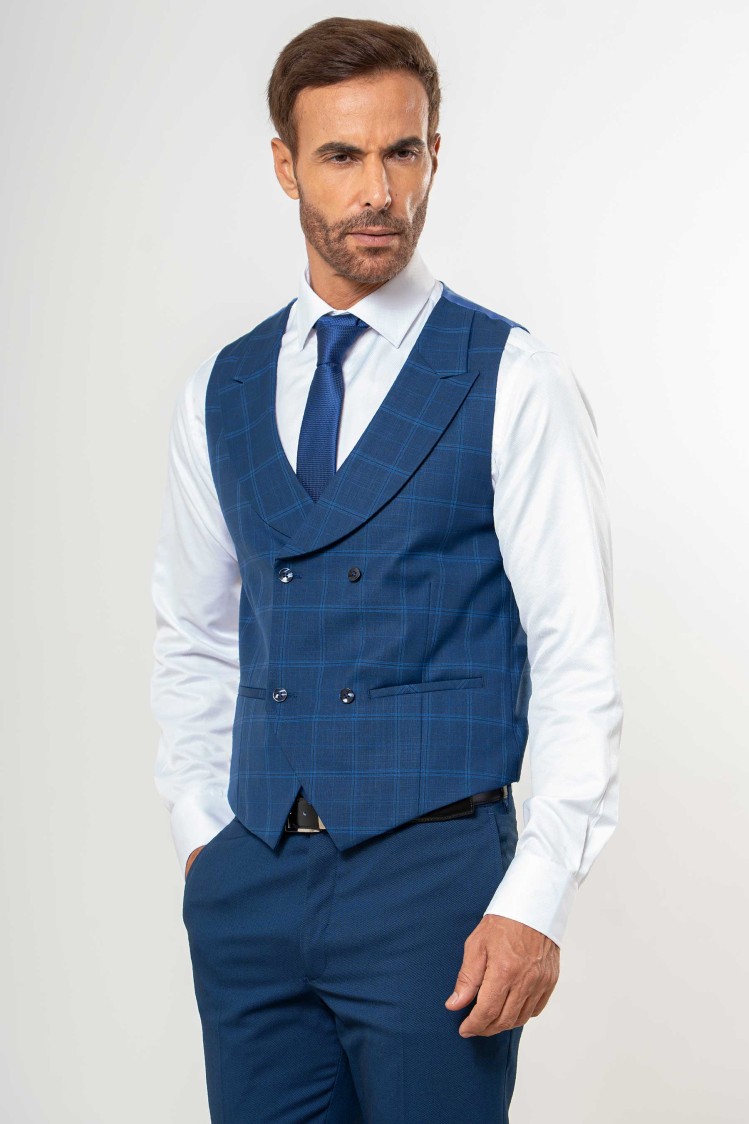 Chaleco cruzado con solapa cuadrícula grande azul