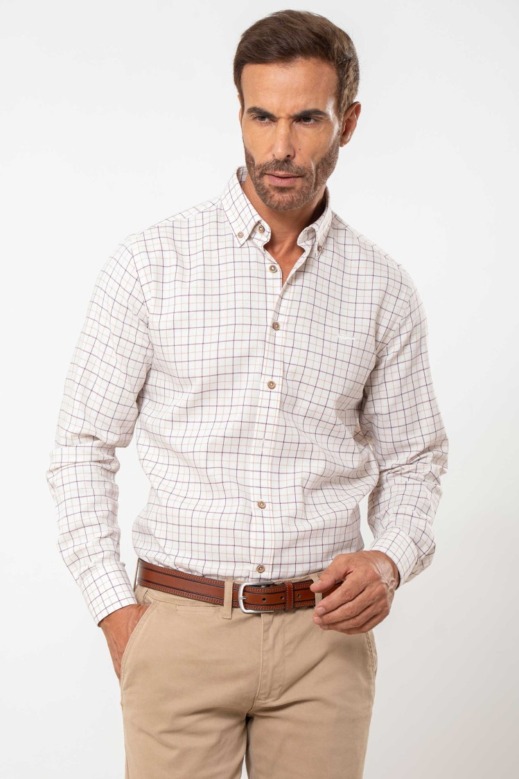 Camisa semientallada viella fina cuadro mediano beige